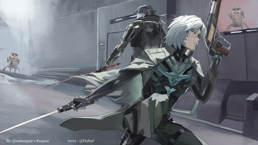 1boy, 1other, absurdres, artist_name, asymmetrical_dual_wielding, black_coat, black_pants, closed_mouth