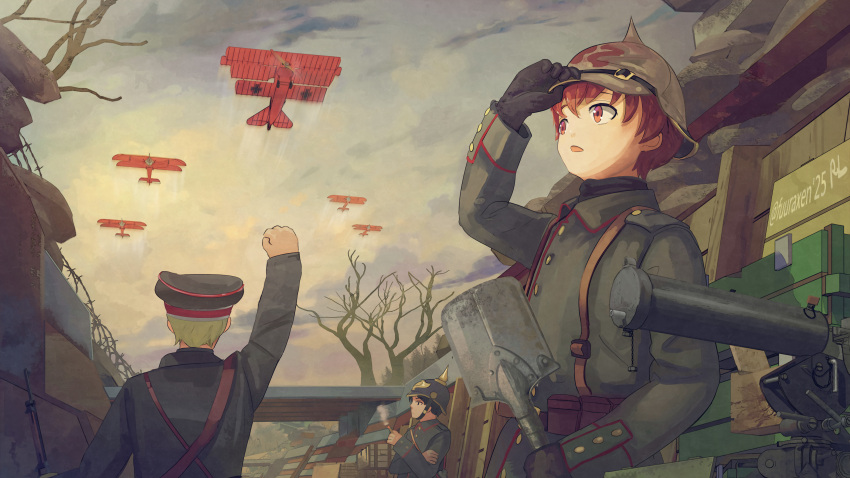 1girl, 2boys, absurdres, aircraft, airplane, black_gloves, black_hair, blonde_hair