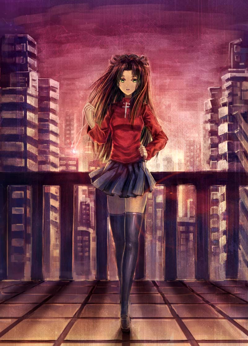 black_hair, black_legwear, black_thighhighs, bow, cityscape, cross, fate/stay_night, fate_(series), female, green_eyes, hair_bow, hair_ribbon, long_hair, miniskirt, qin, ribbon, skirt, thigh-highs, thighhighs, tohsaka_rin, toosaka_rin, turtleneck, twintails, zettai_ryouiki