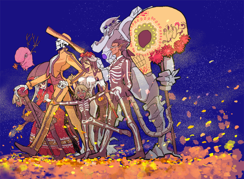 29rotta, 3girls, 4boys, ainz_ooal_gown, albedo_(overlord), aura_bella_fiora, black_hair, blue_background