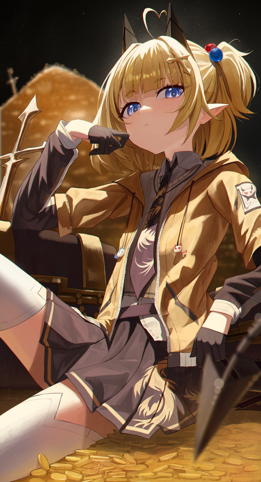 1girl, absurdres, ahoge, backlighting, black_gloves, black_necktie, black_skirt, blonde_hair