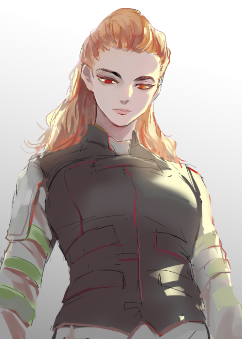 1girl, black_vest, black_widow_(film), chinese_commentary, commentary_request, expressionless, from_below, long_hair