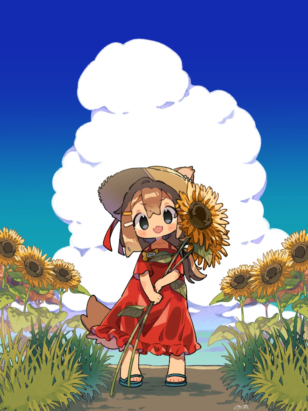 1girl, :d, animal_ears, bare_shoulders, blue_sandals, blue_sky, blush_stickers, brown_hair