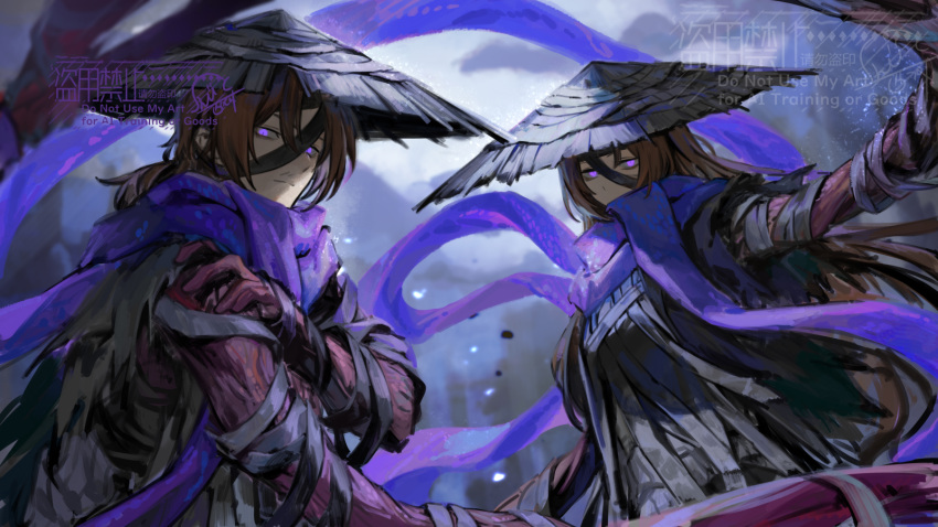 1boy, 1girl, bandaged_arm, bandages, brown_hair, clouds, commentary_request, conical_hat