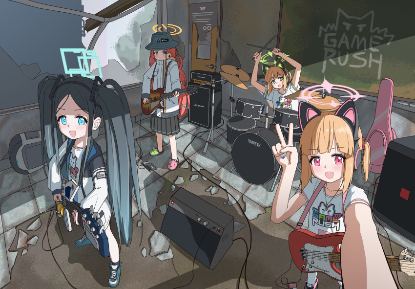 4girls, absurdres, alternate_costume, alternate_hairstyle, animal-themed_footwear, animal_ear_footwear, animal_ear_headphones, animal_ears