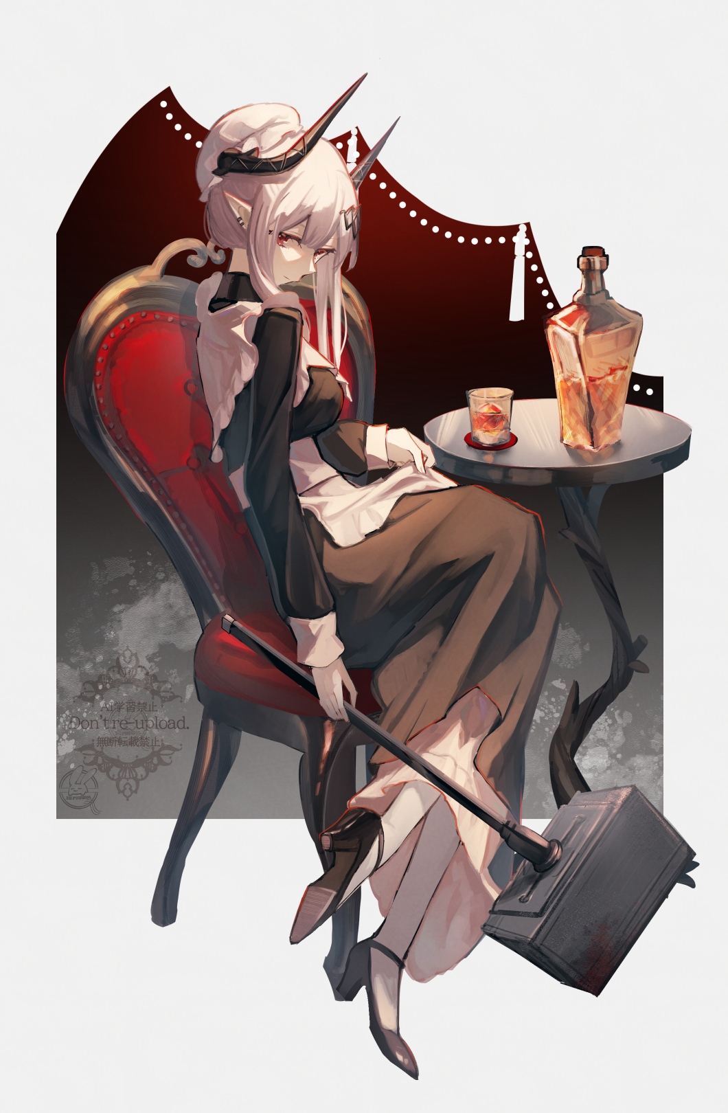 1girl, alternate_costume, apron, arknights, black_dress, black_horns, black_shoes, breasts