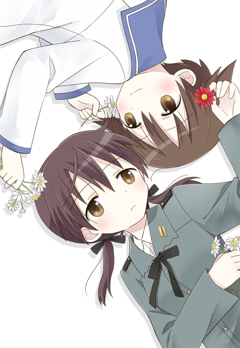 brown_eyes, brown_hair, flower, gertrud_barkhorn, military, military_uniform, miyafuji_yoshika, multiple_girls