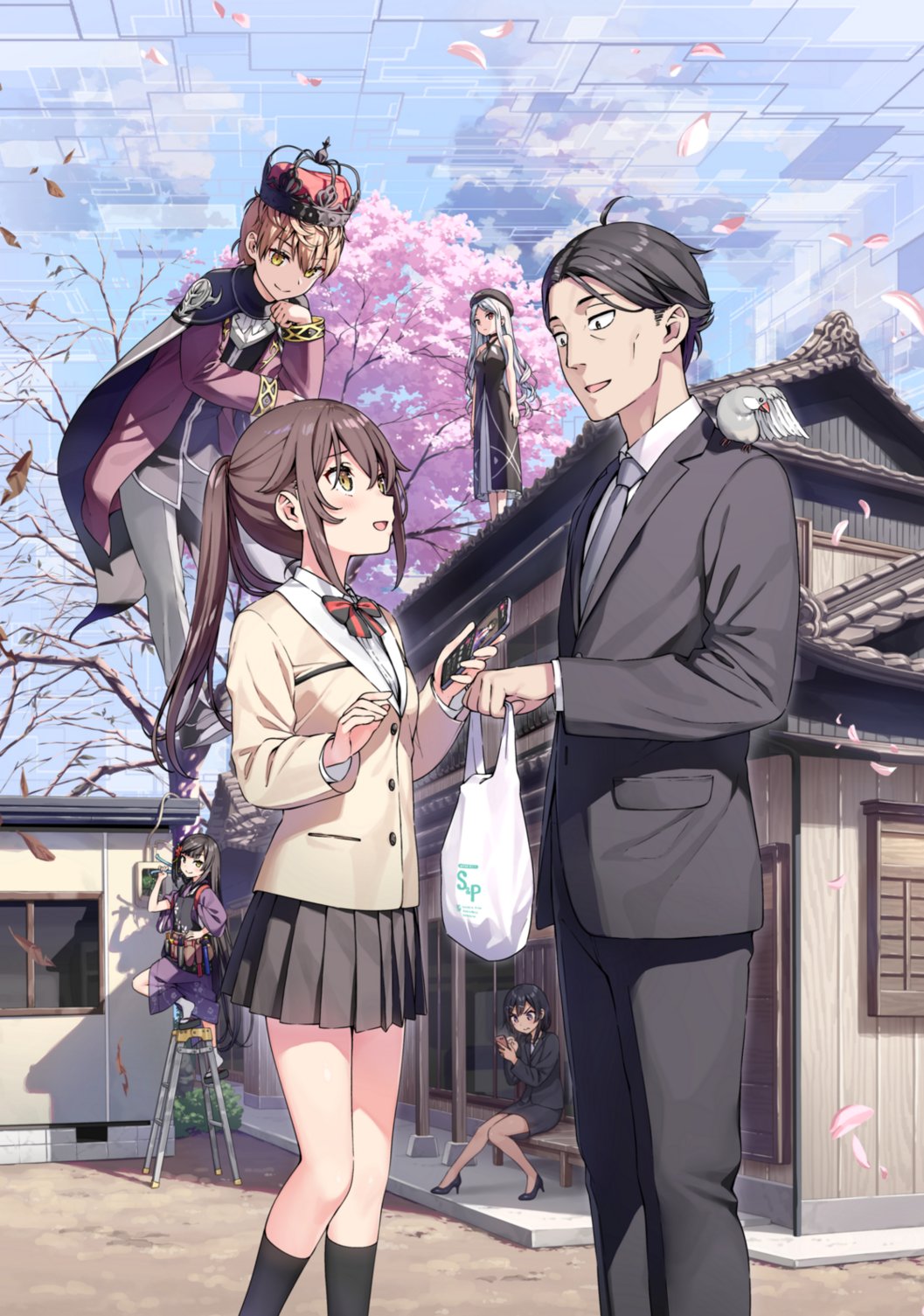 1boy, 2girls, abaddon_(sasaki_to_p-chan), animal_on_shoulder, bird, bird_on_shoulder, black_hair, black_suit, blazer, blush, brown_eyes, brown_hair, cherry_blossoms, closed_mouth, cowboy_shot, crown, flower, full_body, futarishizukashi_(sasaki_to_p-chan), grey_necktie, grey_suit, hair_between_eyes, hair_flower, hair_ornament, highres, holding, hoshizaki_(sasaki_to_p-chan), house, jacket, japanese_clothes, java_sparrow, kantoku, kimono, long_hair, long_sleeves, miniskirt, multiple_girls, neck_ribbon, necktie, open_mouth, otonari-san_(sasaki_to_p-chan), outdoors, p-chan_(sasaki_to_p-chan), pleated_skirt, ponytail, purple_kimono, ribbon, sasaki_(sasaki_to_p-chan), sasaki_to_p-chan, school_uniform, skirt, smile, socks, standing, suit, thighs, yellow_eyes