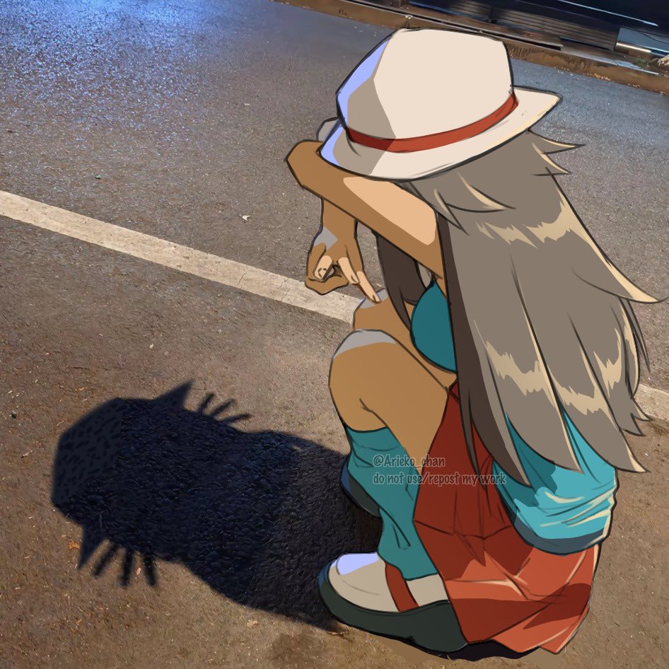 1girl, ariekochan, baseball_cap, blue_shirt, breasts, brown_hair, bucket_hat, different_shadow