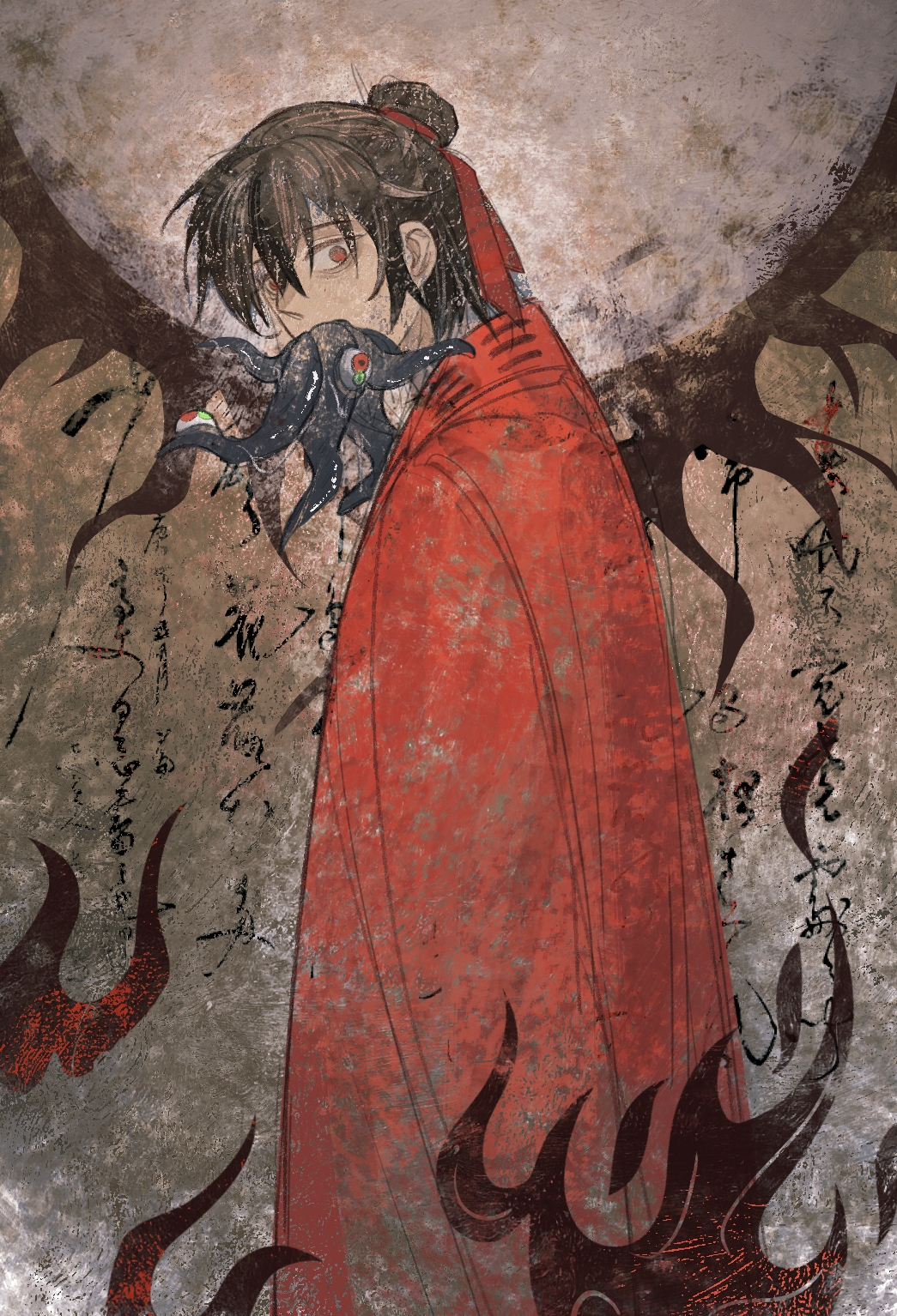 1boy, ashao606, black_hair, chinese_clothes, chinese_text, coat, covered_mouth, creature