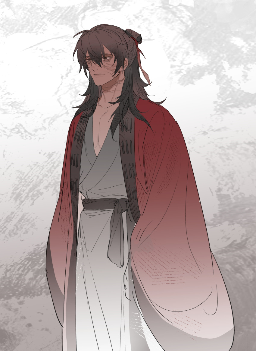 1boy, absurdres, arms_at_sides, ashao606, black_hair, black_hanfu, brown_eyes, brown_hair, chinese_clothes, closed_mouth, coat, dao_gui_yi_xian, feet_out_of_frame, grey_background, hair_between_eyes, hair_bun, hair_ribbon, half_updo, hanfu, highres, li_huowang, long_hair, long_sleeves, looking_to_the_side, male_focus, open_clothes, open_coat, pectoral_cleavage, pectorals, red_coat, red_ribbon, ribbon, robe, sash, scar, scar_on_face, scar_on_neck, single_hair_bun, sleeves_past_fingers, sleeves_past_wrists, solo, standing, wide_sleeves