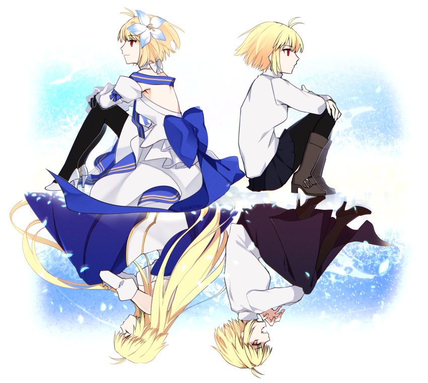 4girls, ahoge, archetype_earth, arcueid_brunestud, arcueid_brunestud_(mooncancer), blonde_hair, blue_ribbon, boots