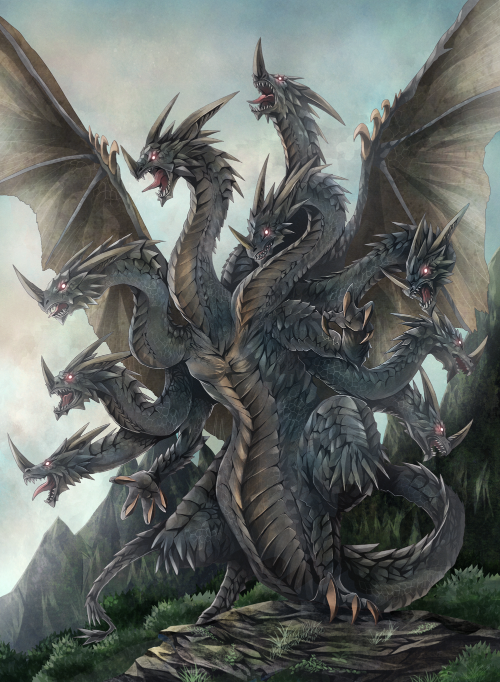 claws, dragon, fangs, glowing, glowing_eyes, greek_mythology, highres, horns