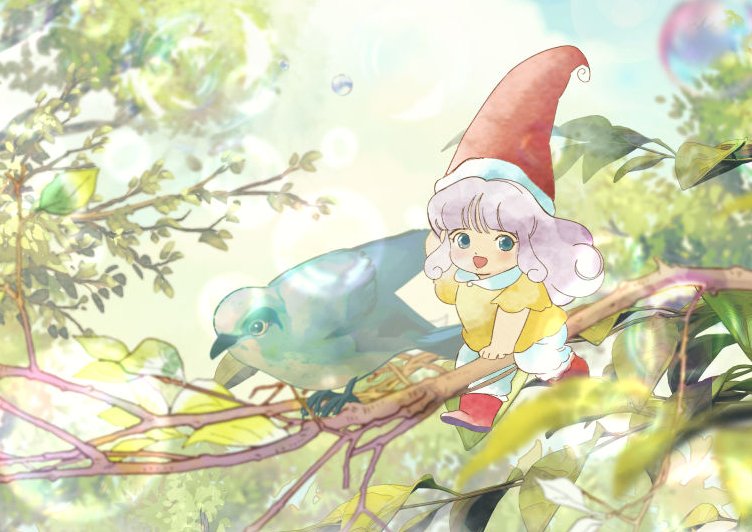 1girl, bird, bloomers, blue_bird, blue_eyes, boots, bubble, commentary