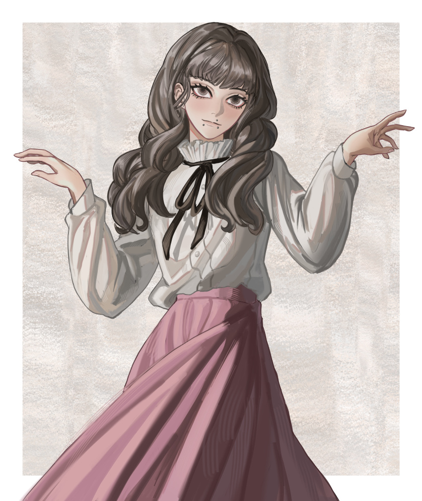 1girl, absurdres, black_ribbon, border, brown_background, brown_eyes, brown_hair, closed_mouth