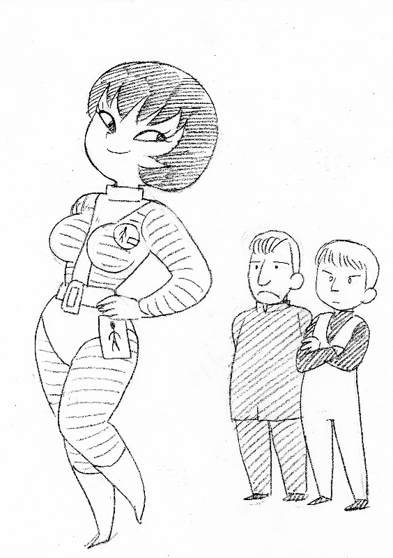 1girl, 2boys, asari_yoshitoo, bald, crossed_arms, greyscale, jucika, jucika_(comic)