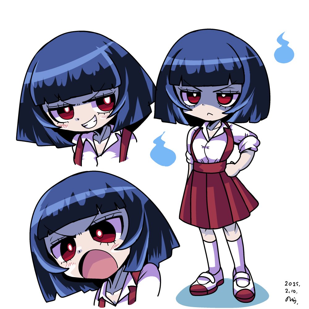 1girl, blue_hair, blunt_bangs, blunt_ends, bob_cut, bright_pupils, dated, frown