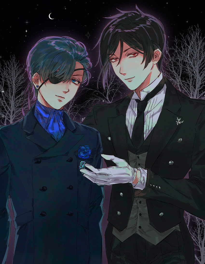 2boys, aged_up, black_hair, blue_eyes, ciel_phantomhive, earrings, ena33333333, eyepatch