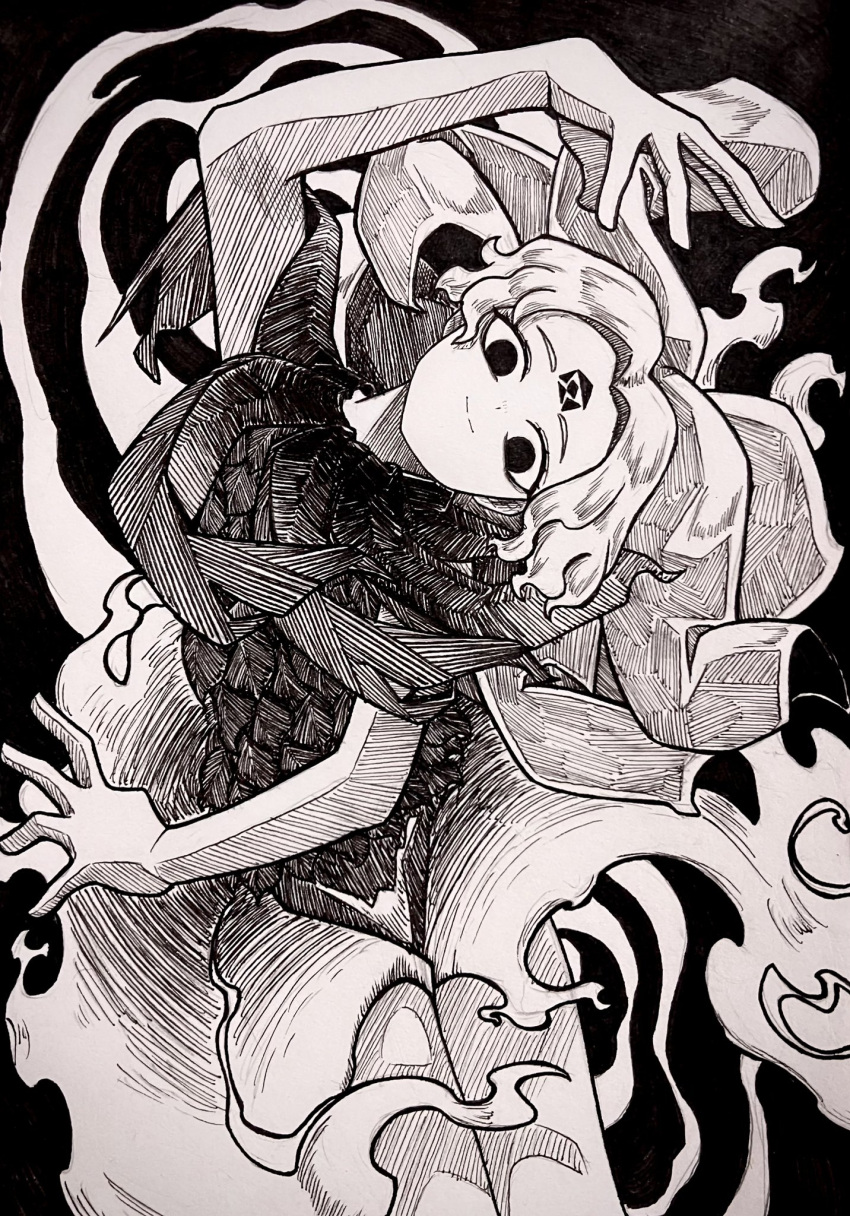 1girl, agaribito_snail, arm_up, black_background, closed_mouth, commentary, cowboy_shot, curtained_hair