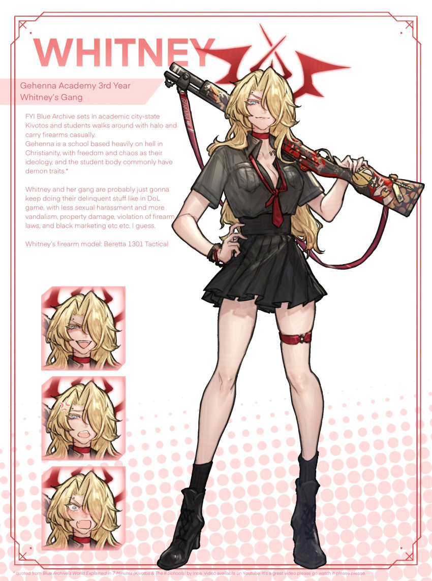 1girl, black_boots, black_shirt, black_skirt, black_socks, blonde_hair, blue_eyes, boots