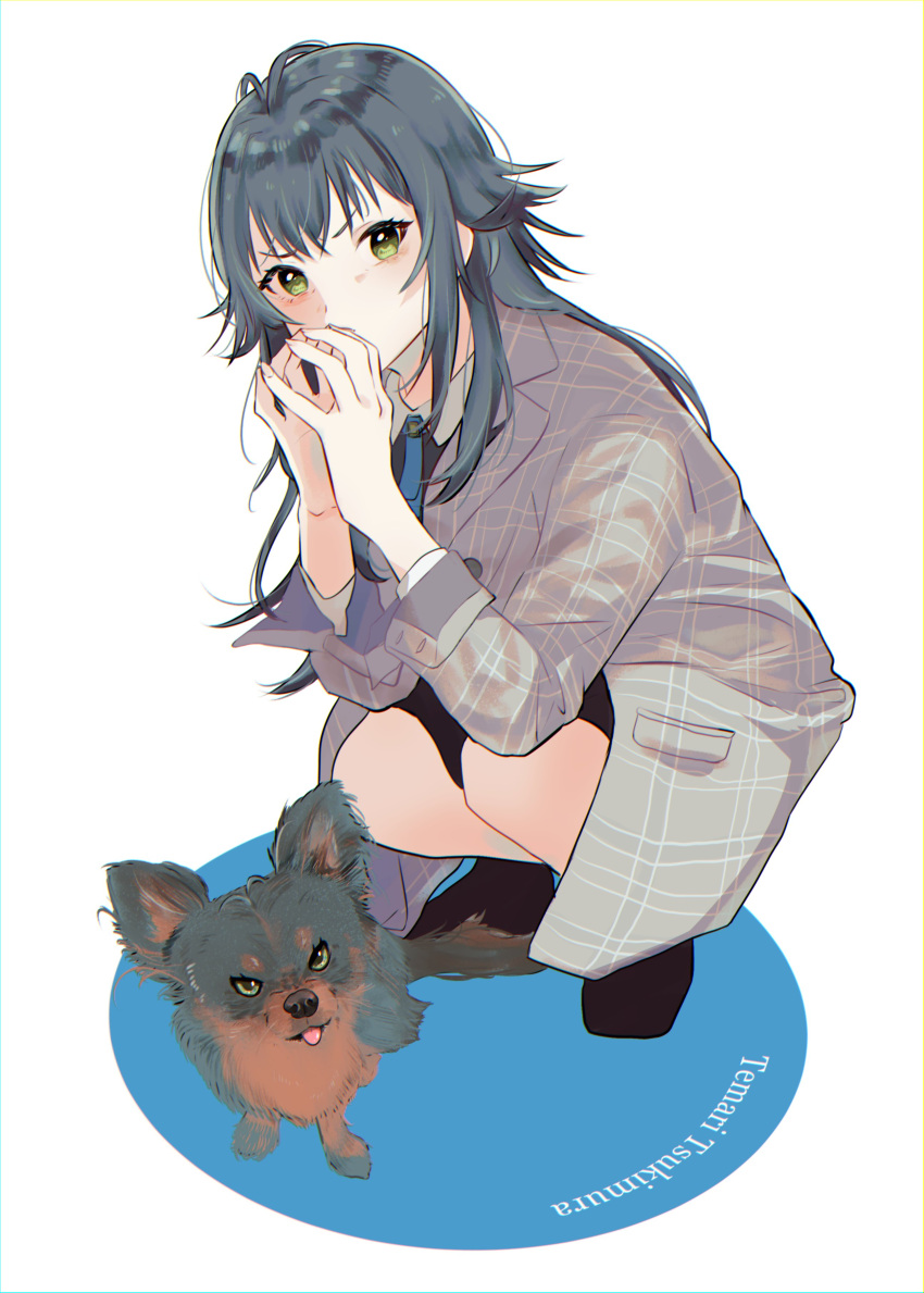 1girl, absurdres, antenna_hair, character_name, chihuahua, coat, commentary, fingernails
