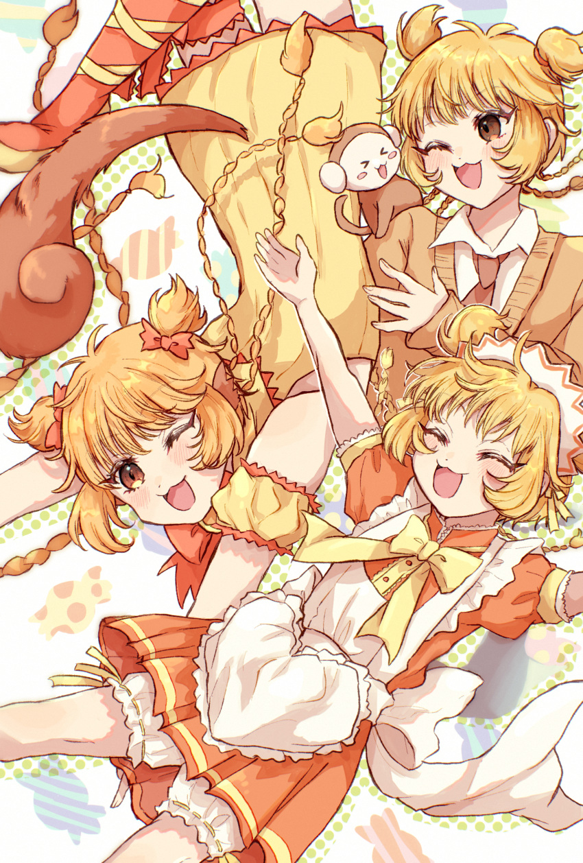1girl, animal_ears, animal_on_shoulder, blonde_hair, blueskytake, bow, braid, cafe_mew_mew_uniform