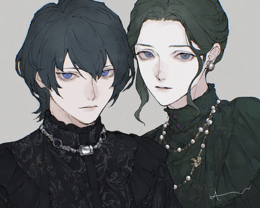 2boys, black_dress, blue_eyes, closed_mouth, commentary_request, dadadadadaist, dress, earrings