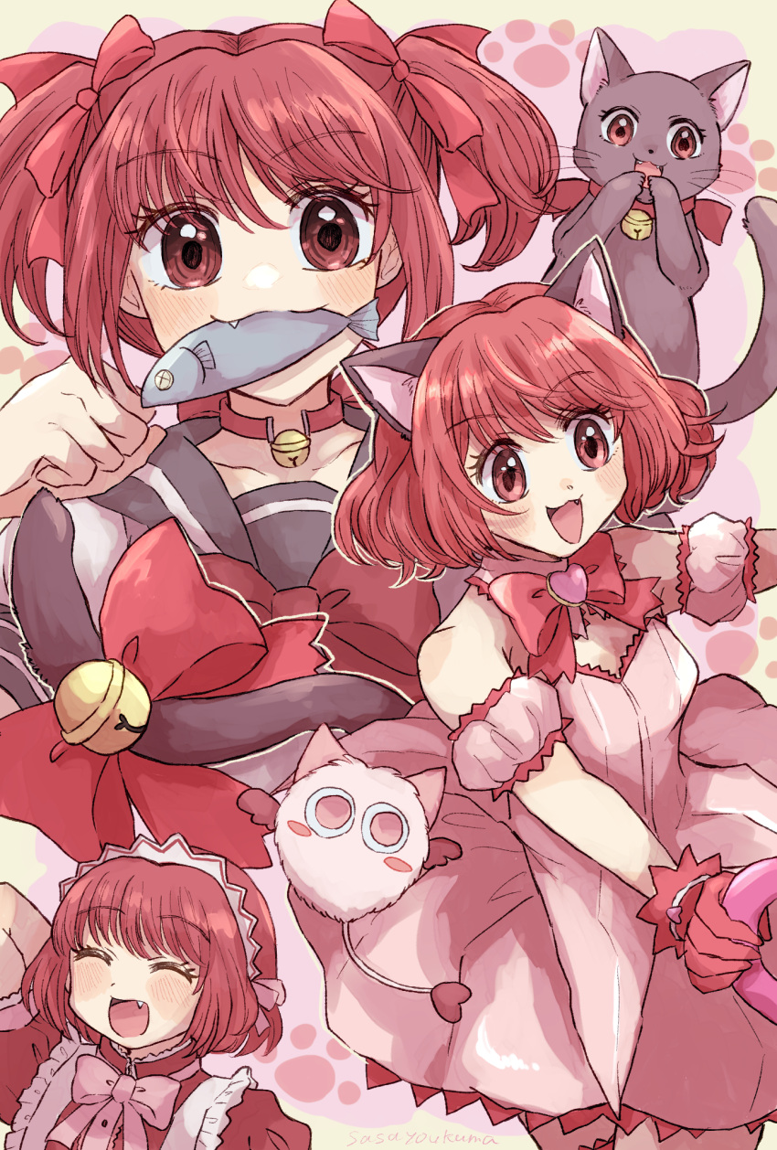 1girl, :3, animal_ears, bell, blueskytake, bow, breasts, cafe_mew_mew_uniform