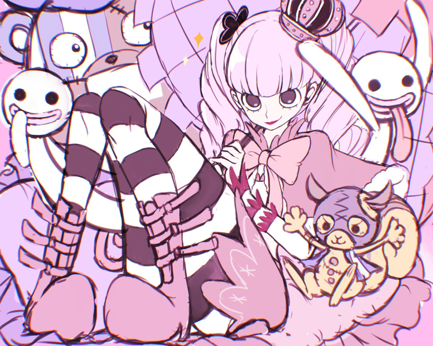 1girl, arms_up, blunt_bangs, boots, bow, bowtie, capelet, commentary