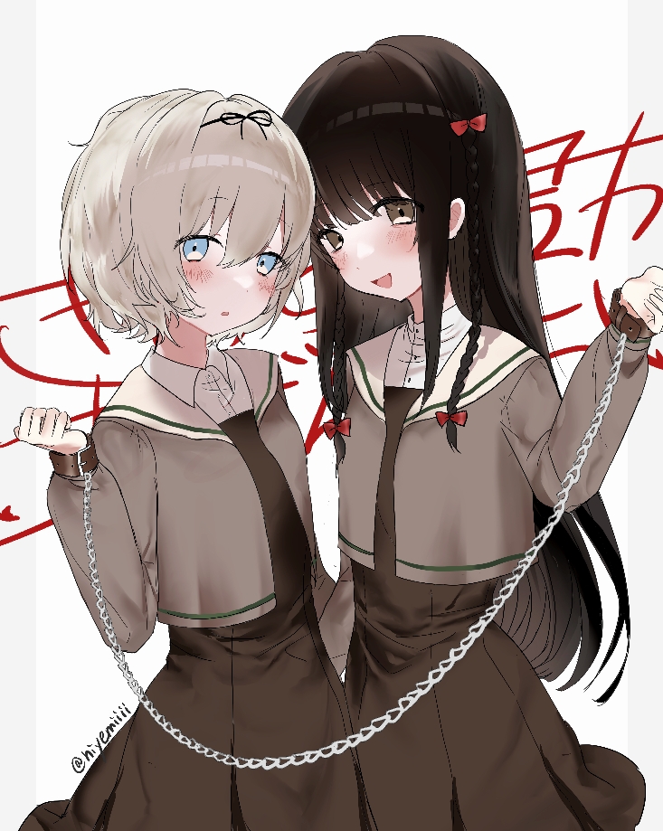 2girls, black_dress, black_hair, blue_eyes, bow, braid, cardigan, chain