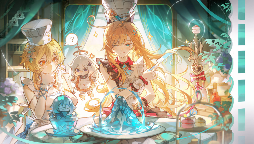 3girls, ;q, ?, absurdres, anger_vein, apron, aqua_eyes, blonde_hair
