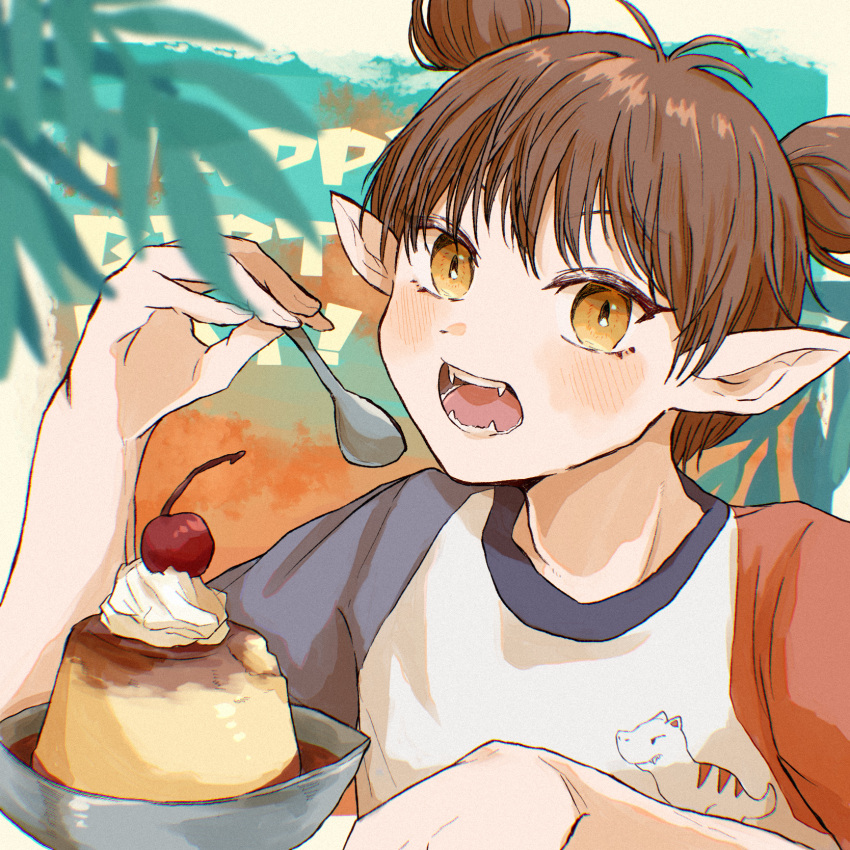 1boy, androgynous, blueskytake, brown_hair, cherry, commentary_request, double_bun, eating, food, fruit, hair_bun, highres, holding, holding_spoon, holding_utensil, looking_at_viewer, male_focus, open_mouth, pointy_ears, pudding, shirt, solo, spoon, tart_(tokyo_mew_mew), tokyo_mew_mew, whipped_cream, yellow_eyes
