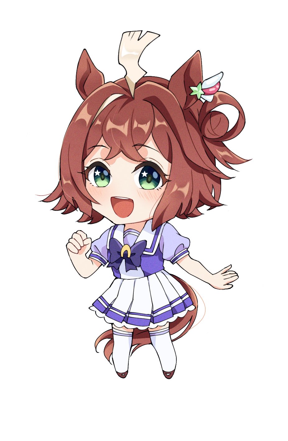 1girl, ahoge, animal_ears, blush, breasts, brown_hair, chibi, commentary_request