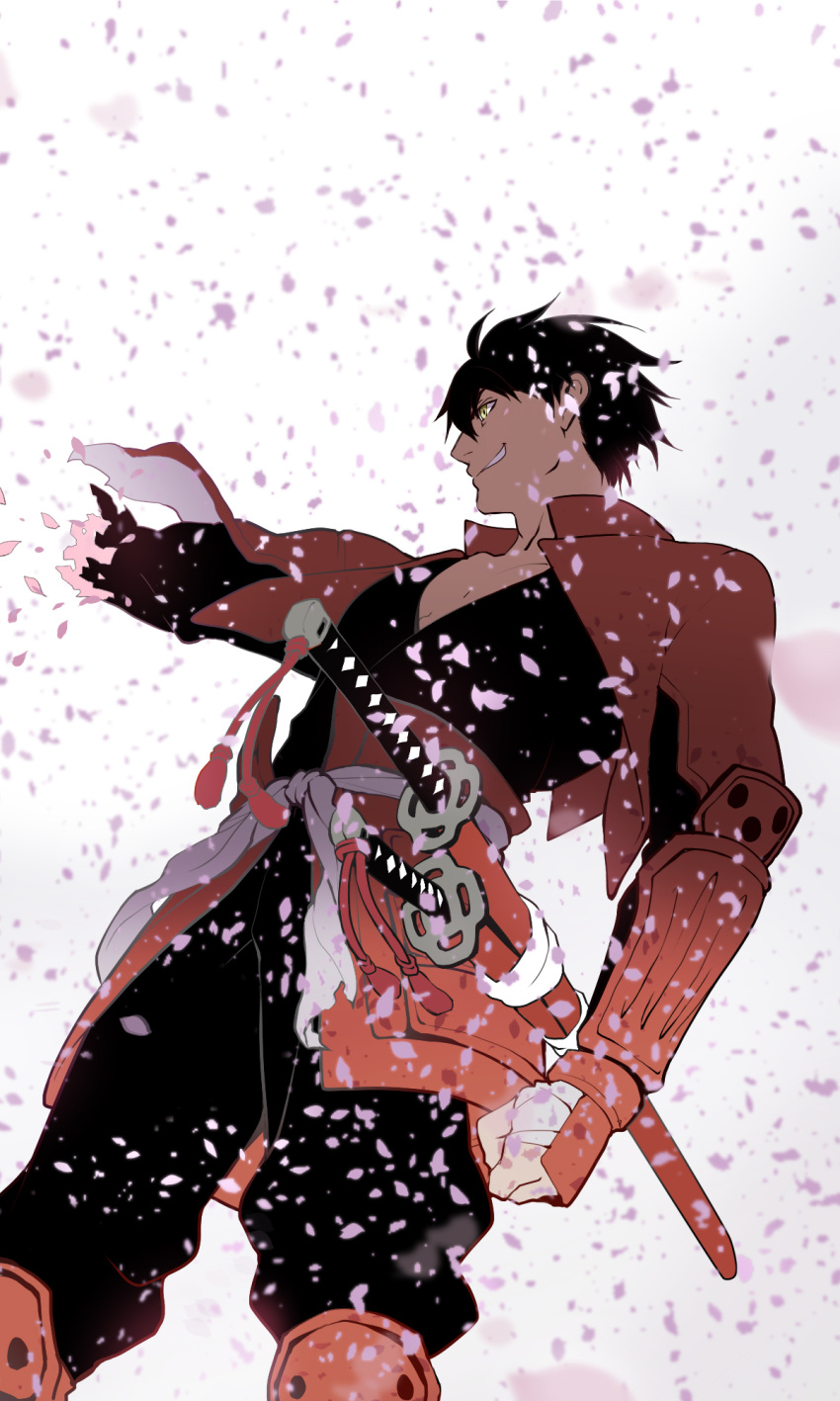 1boy, armor, bandaged_hand, bandages, black_hair, black_pants, black_shirt, clenched_hand, disintegration, drifters, from_below, fujiwara_riyu, grey_eyes, grin, highres, jacket, japanese_armor, katana, kote, kusazuri, looking_at_self, open_clothes, open_jacket, pants, petals, pink_petals, red_armor, red_jacket, sash, scabbard, sheath, shimazu_toyohisa_(drifters), shirt, smile, solo_focus, spiky_hair, sword, teeth, weapon, white_background, white_sash