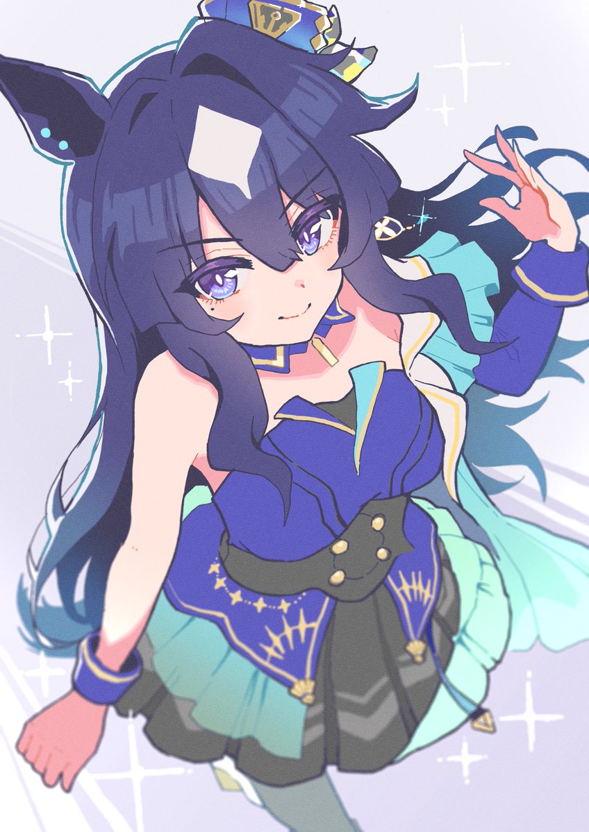 1girl, animal_ears, bare_shoulders, blue_eyes, blue_hair, detached_collar, ear_covers, from_above