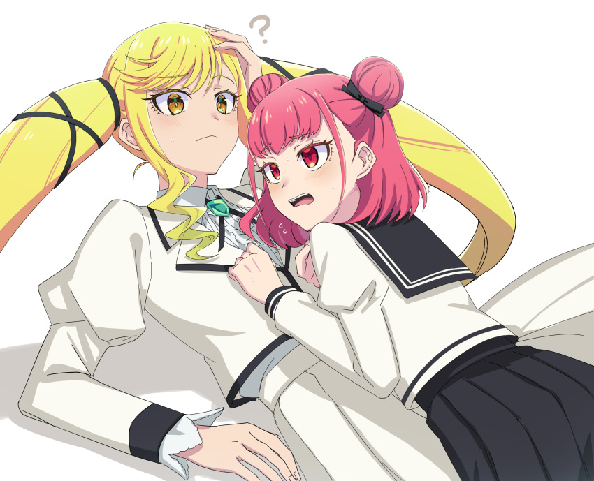2girls, ?, aoki_shizumi, blonde_hair, bow, double_bun, hair_bow, hair_bun, hand_on_own_head, highres, long_hair, lying_on_person, medium_hair, multiple_girls, on_ground, open_mouth, pink_hair, red_eyes, rock_wa_lady_no_tashinami_deshite, school_uniform, shadow, siblings, simple_background, sisters, skirt, step-siblings, suzunomiya_alice, suzunomiya_lilisa, twintails, very_long_hair, white_background, yellow_eyes, yuri
