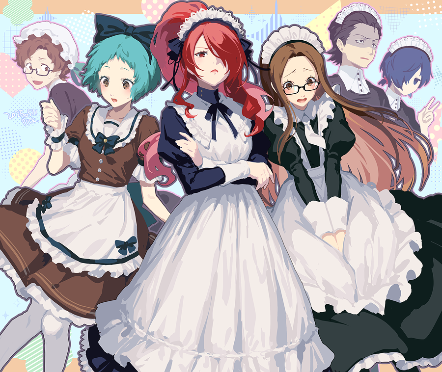 3boys, 3girls, alternate_costume, alternate_hairstyle, apron, aqua_hair, black-framed_eyewear, black_bow