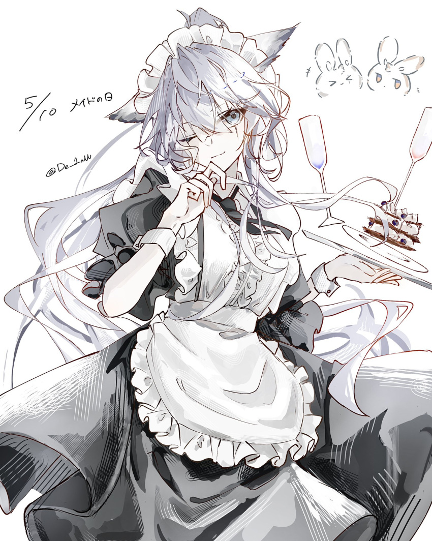 >_<, ;), ahoge, alternate_costume, animal_ears, apron, arknights, black_dress