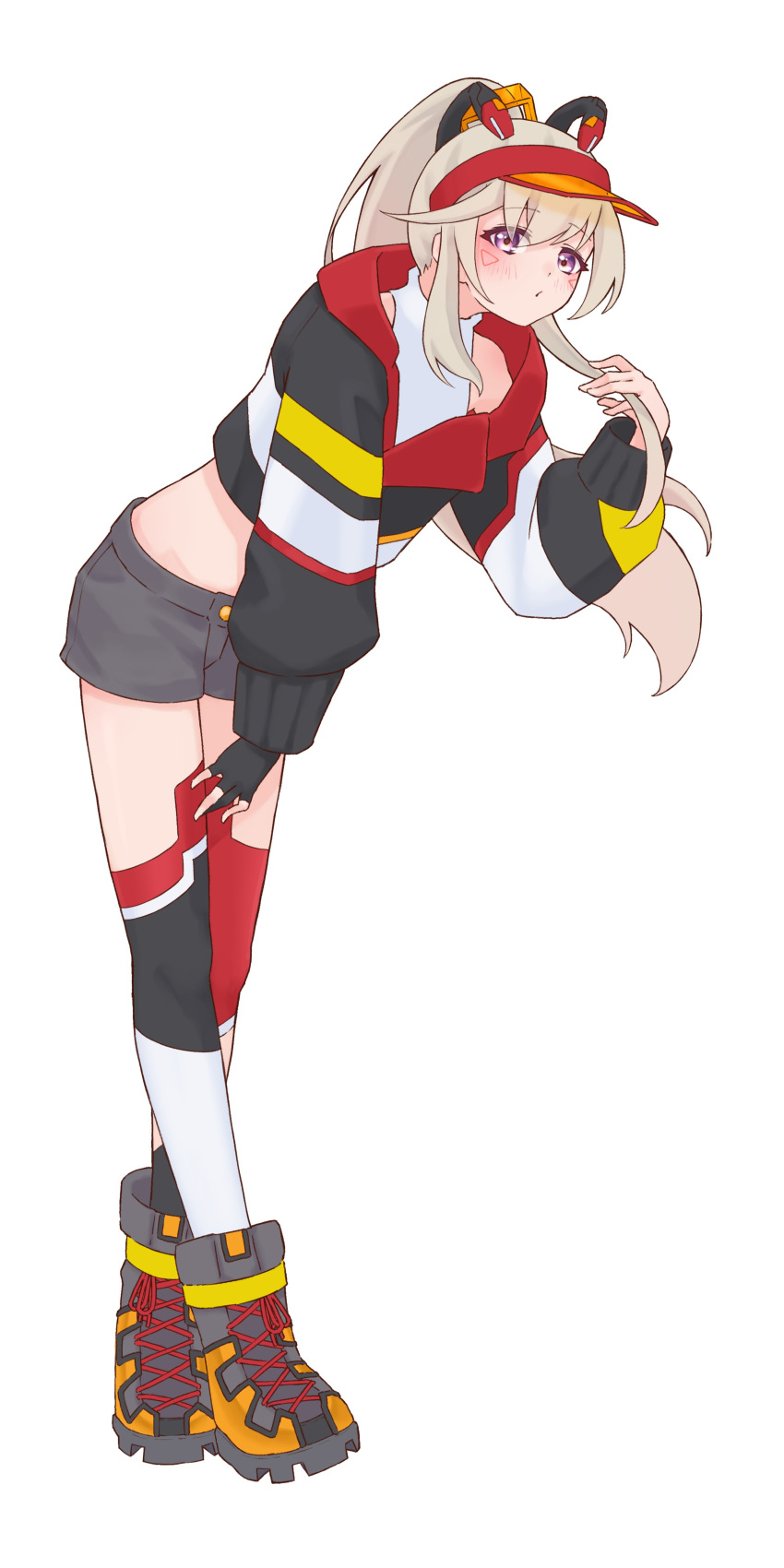 1girl, absurdres, asymmetrical_legwear, black_gloves, black_shorts, blonde_hair, boots, cropped_jacket, facial_mark, gloves, highres, komori_met, komori_met_(2nd_costume), leaning_forward, nanashi_inc., partially_fingerless_gloves, ponytail, short_shorts, shorts, simple_background, single_thighhigh, solo, standing, thigh-highs, v_ap_art, violet_eyes, virtual_youtuber, visor_cap, vspo!, white_background, zephda