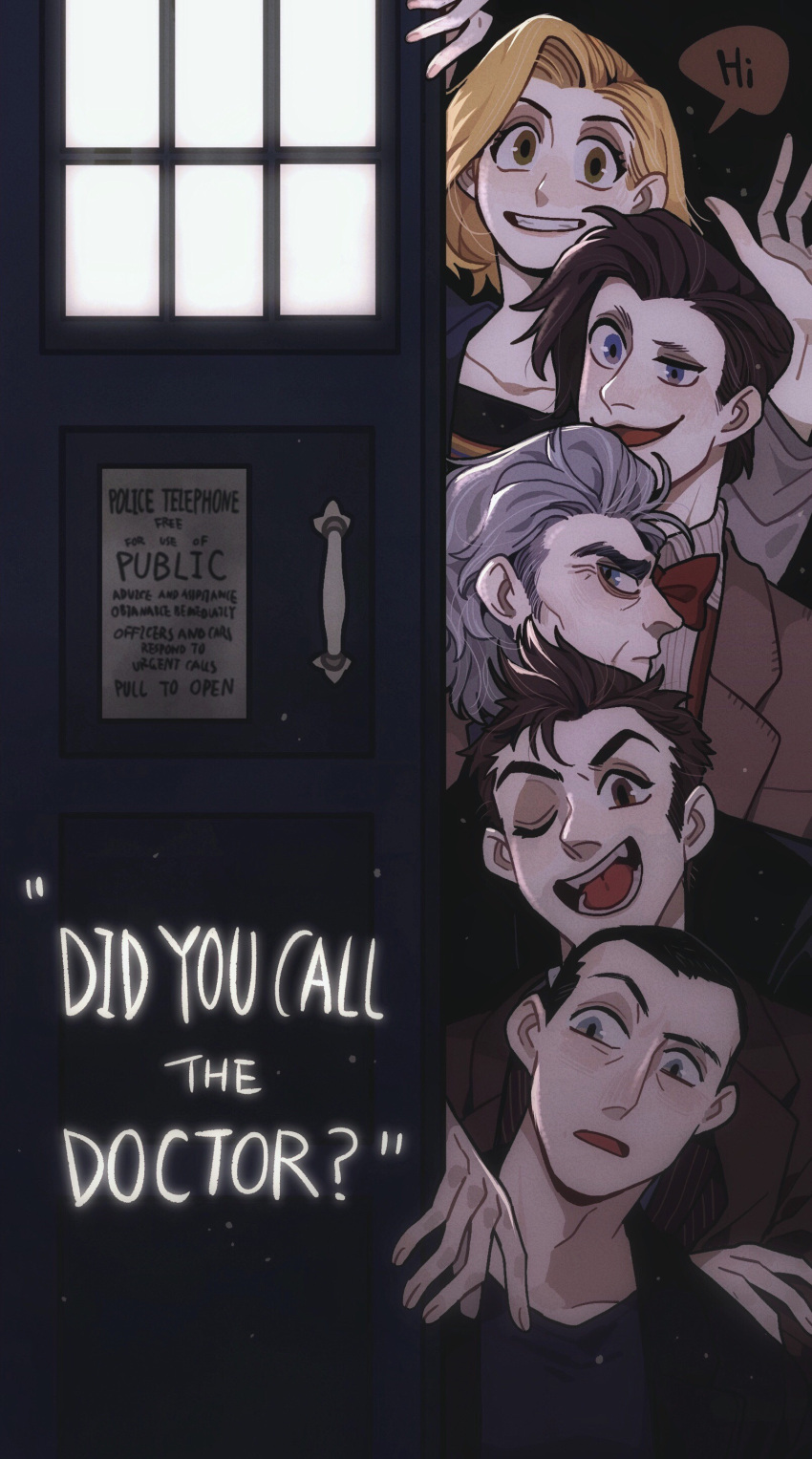 1girl, 4boys, ;d, absurdres, black_hair, black_jacket, black_shirt, blonde_hair, blue_eyes, bow, bowtie, brown_eyes, brown_hair, brown_jacket, chinese_commentary, closed_mouth, collared_shirt, commentary_request, crossed_arms, doctor_who, eleventh_doctor_(doctor_who), english_text, green_eyes, grey_hair, grey_shirt, highres, in-franchise_crossover, jacket, juanmao, long_sleeves, looking_at_viewer, multiple_boys, ninth_doctor_(doctor_who), nose, one_eye_closed, open_mouth, pinstripe_pattern, pinstripe_shirt, profile, red_bow, red_bowtie, shirt, short_hair, sideways_glance, smile, speech_bubble, suspenders, t-shirt, tardis, teeth, tenth_doctor_(doctor_who), the_doctor_(doctor_who), thirteenth_doctor_(doctor_who), twelfth_doctor_(doctor_who), very_short_hair, waving