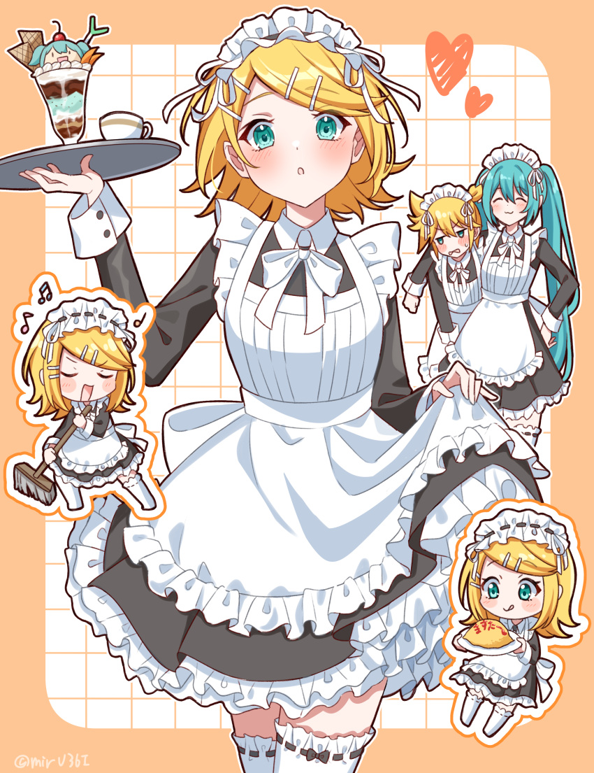 1boy, 2girls, :3, :o, :q, absurdres, alternate_costume, apron, aqua_eyes, aqua_hair, arm_around_shoulder, arm_on_another's_shoulder, beamed_eighth_notes, black_dress, blonde_hair, blush, blush_stickers, bow, bowtie, broom, chibi, chibi_inset, closed_eyes, collared_dress, cowboy_shot, crossdressing, dessert, dress, eighth_note, embarrassed, enmaided, food, food_writing, frilled_apron, frilled_dress, frilled_headwear, frills, hair_ornament, hairclip, hand_up, hatsune_miku, heart, highres, holding, holding_broom, holding_mop, holding_plate, holding_tray, hungry, kagamine_len, kagamine_rin, ketchup, licking_lips, long_hair, long_sleeves, looking_at_viewer, maid, maid_apron, maid_headdress, mirumiru_(miru36i), mop, multiple_girls, music, musical_note, omelet, omurice, parted_bangs, parted_lips, plate, pretend_microphone, quarter_note, ribbon-trimmed_thighhighs, ribbon_trim, short_dress, short_hair, singing, skirt_hold, straight-on, sweeping, swept_bangs, teasing, thigh-highs, tongue, tongue_out, tray, twitter_username, very_long_hair, vocaloid, white_apron, white_bow, white_bowtie, white_sleeve_cuffs, white_thighhighs, zettai_ryouiki