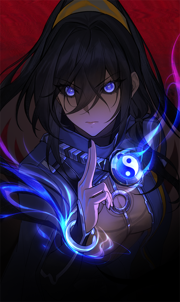 1girl, black_hair, black_nails, breasts, closed_mouth, fingernails, glowing, glowing_eyes