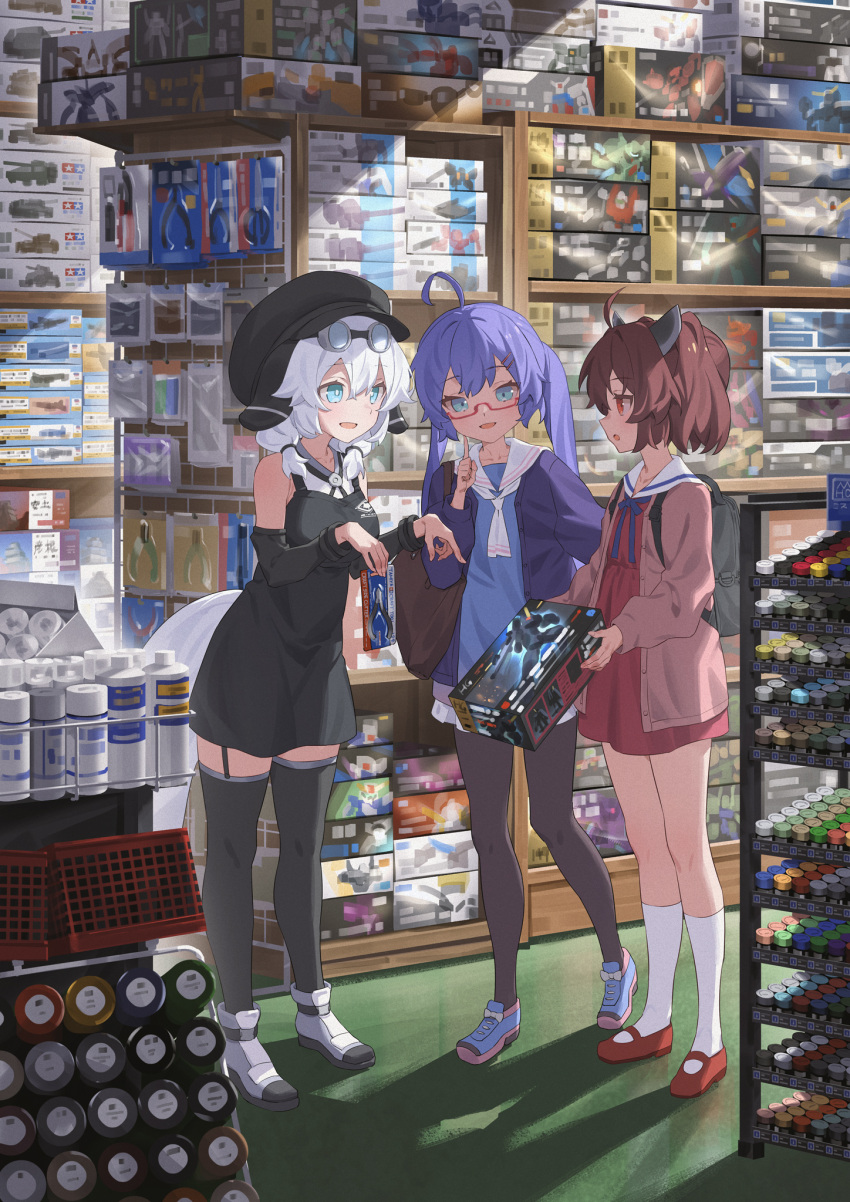 3girls, ahoge, bag, blue_eyes, brown_hair, cardigan, commentary_request, dress