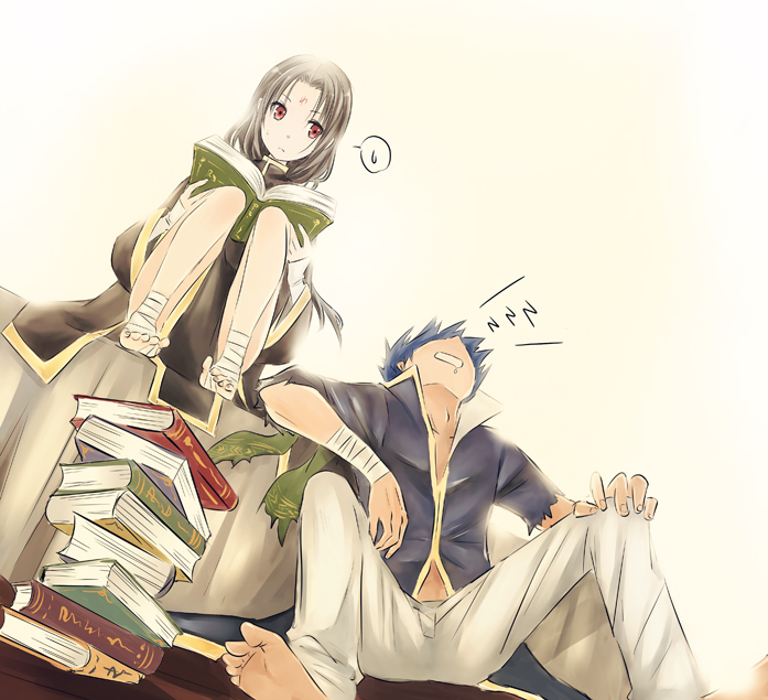 2boys, barefoot, black_hair, blue_hair, book, book_on_lap, commentary_request, facial_mark