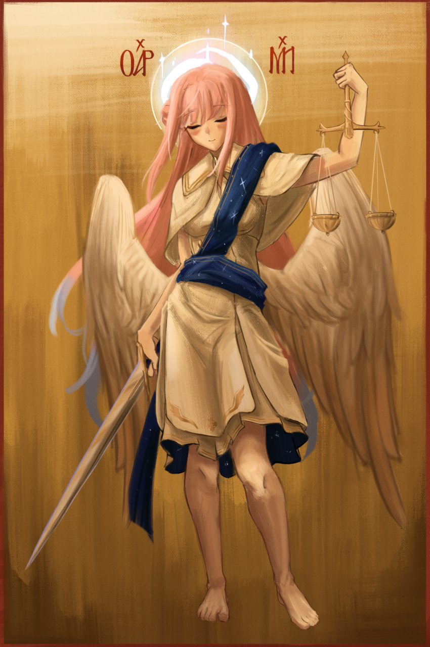 1girl, angel_wings, archangel_michael, arm_up, balance_scale, barefoot, blue_archive, blue_hair, breasts, brown_background, capelet, closed_eyes, closed_mouth, commentary, dress, english_commentary, gradient_hair, hair_bun, halo, highres, holding, holding_sword, holding_weapon, long_hair, low_wings, medium_breasts, mika_(blue_archive), multicolored_hair, pink_hair, prismaticgeyser, sidelocks, single_side_bun, sleeveless, sleeveless_dress, smile, solo, sword, the_bible, very_long_hair, weapon, weighing_scale, white_capelet, white_dress, white_wings, wings, yellow_background
