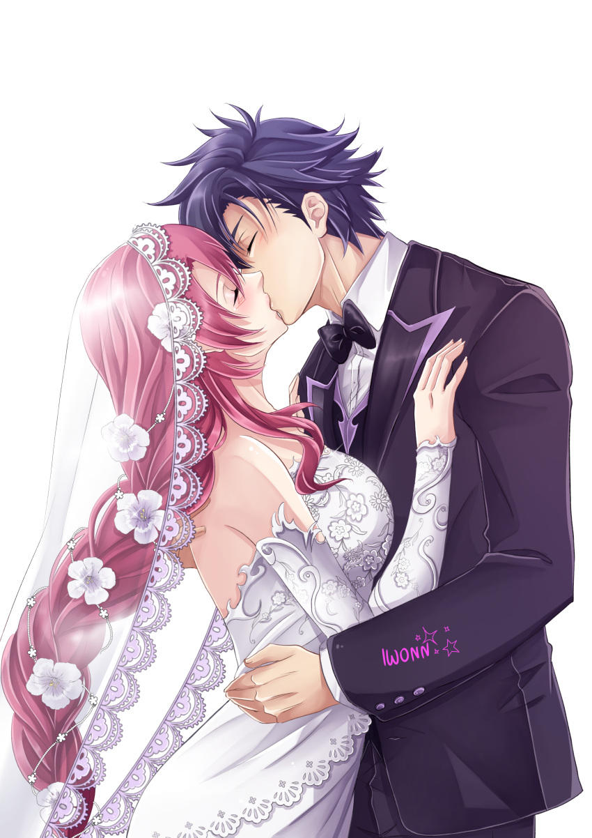 1boy, 1girl, absurdres, artist_name, backless_dress, backless_outfit, bare_shoulders, black_bow