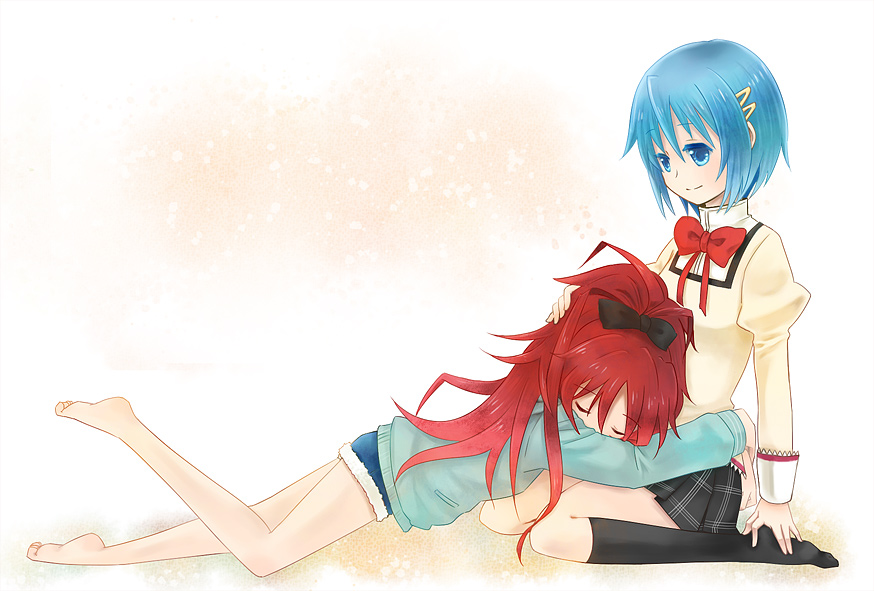 barefoot, blue_eyes, blue_hair, casual, closed_eyes, denim, denim_shorts, hand_on_head