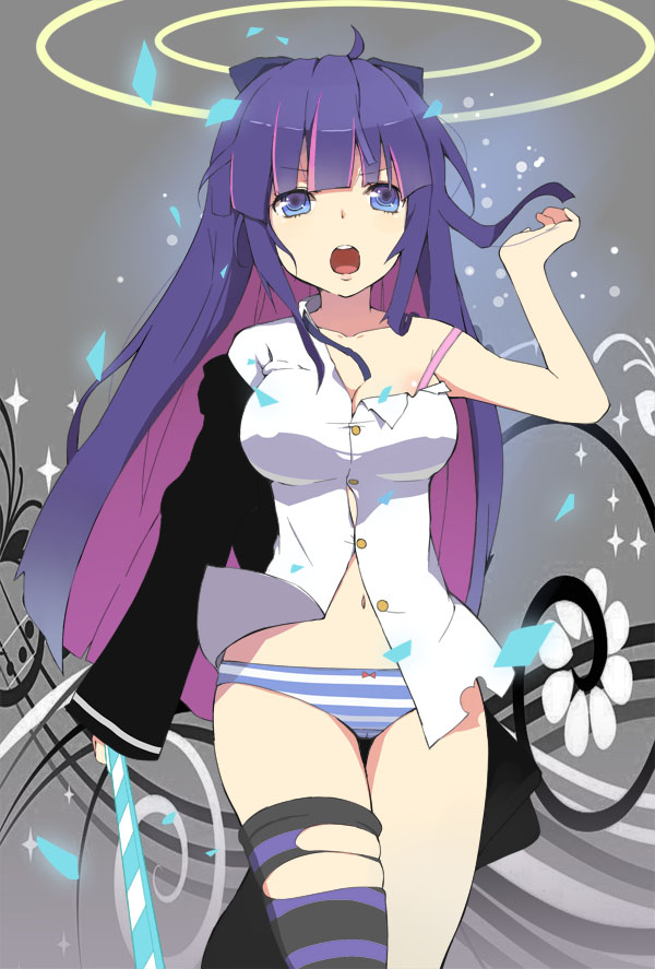 angel, blue_eyes, bow, bow_panties, bra, breasts, cleavage, dress_shirt