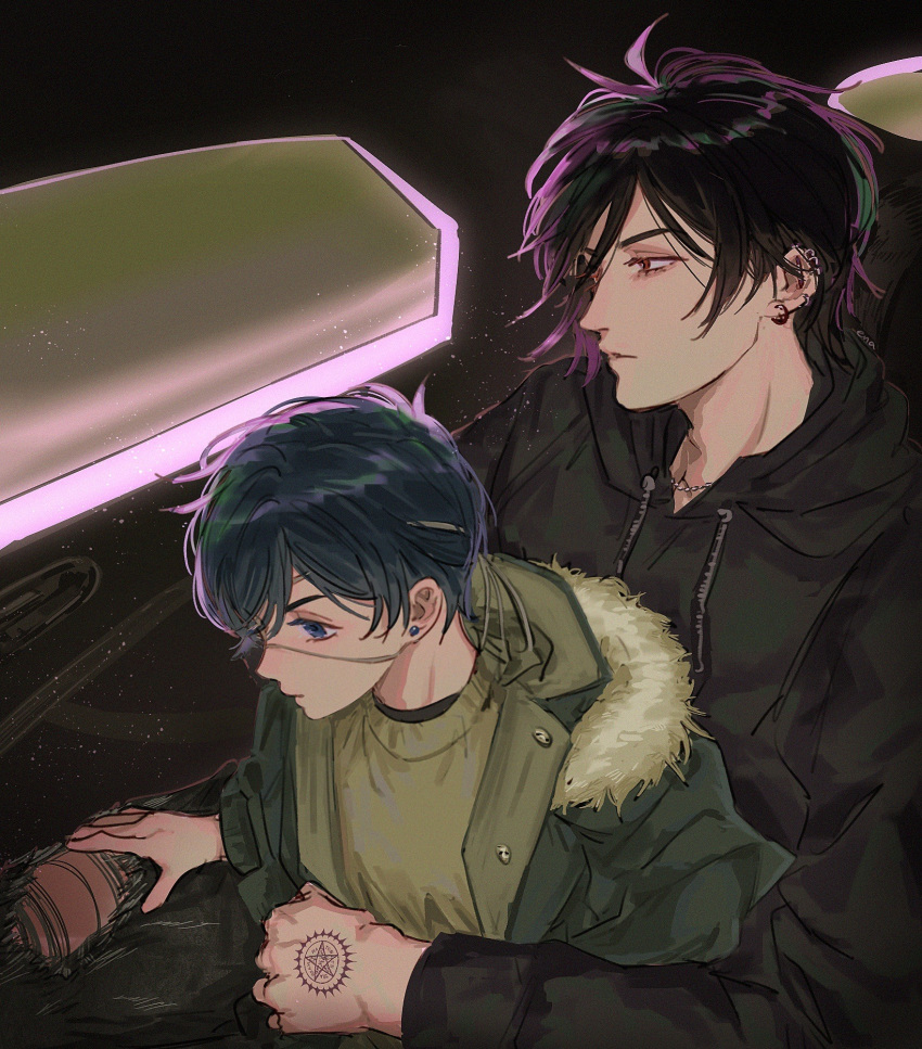 2boys, alternate_costume, bishounen, black_hair, black_hoodie, blue_eyes, blue_hair, car_interior