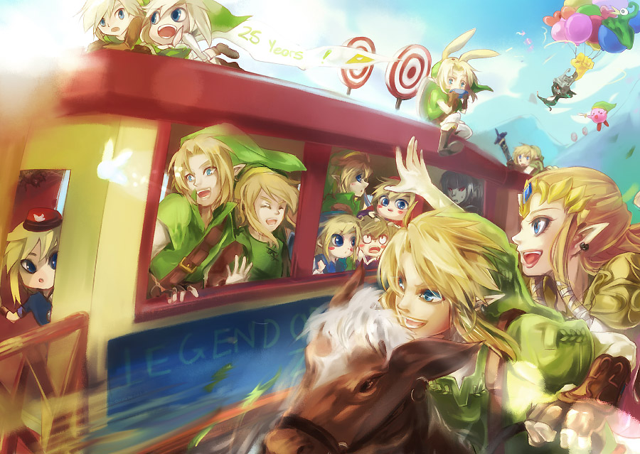 animal_ears, balloon, blue_eyes, bunny_ears, cameo, dark_link, earrings, epona